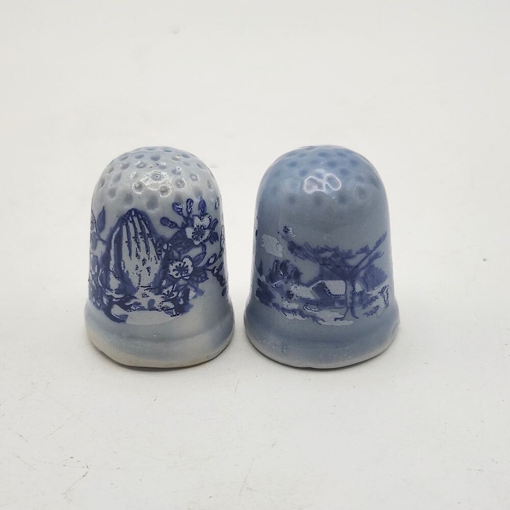 Blue White Porcelain Thimble Pair Delft Style Praying Hands Floral Cottage Decor